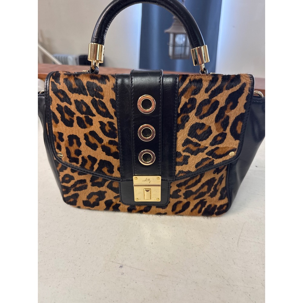 Milly Leopard Print Calf Hair Black Leather Satchel Handbag Gold Hardware